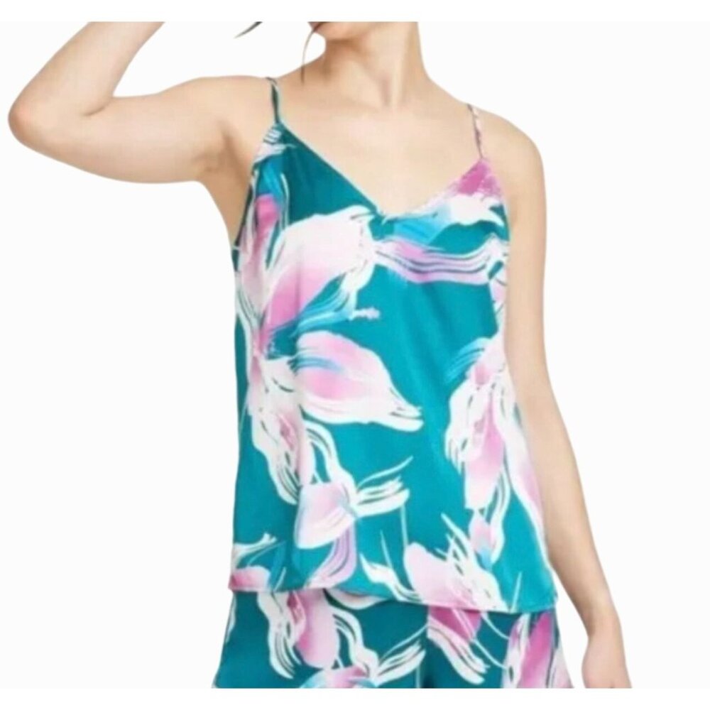 Star Above - Women's Top Floral Print Satin Cami Teal - Green - Extra Small